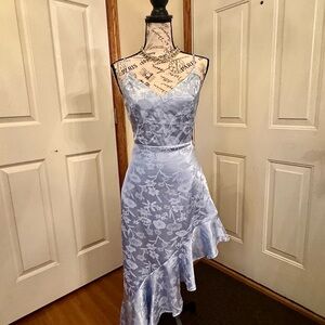 Love It Light Blue Satin Floral Jacquard Asymmetrical Midi Dress Light Blue SZ M